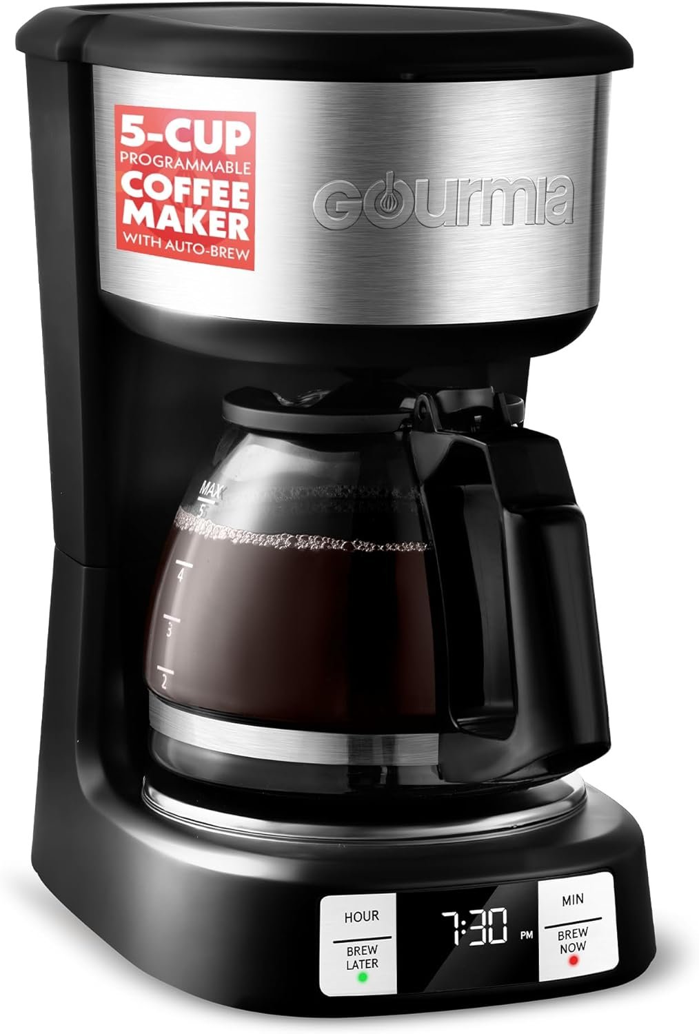 Gourmia Drip Coffee Maker – 5 Cup, One-Touch Brew, Pause & Serve, Adjustable 4 Hr Keep Warm, EZ-View Water Window, Black