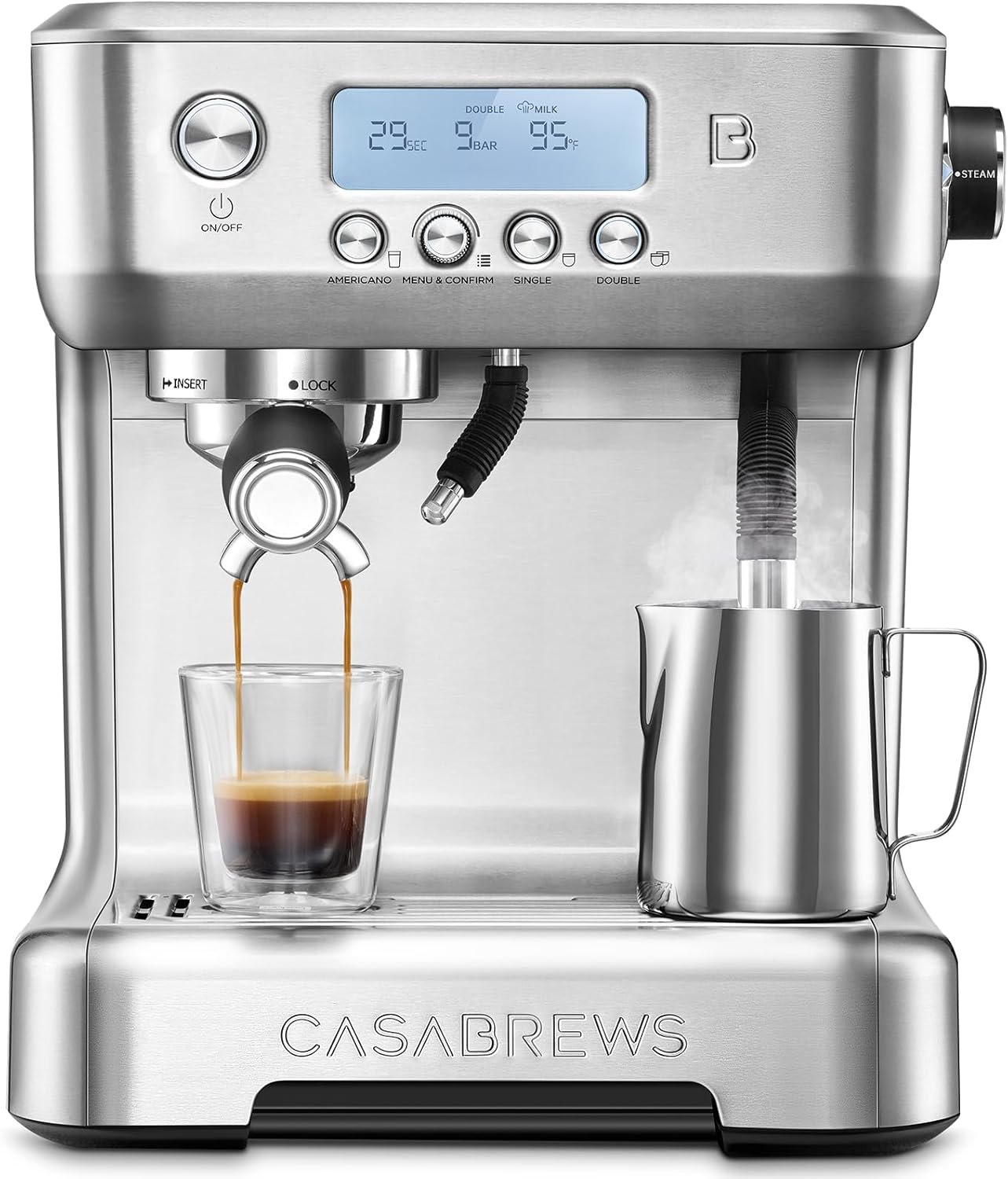 CASABREWS Neutron Pro Espresso Machine with Dual Boiler, 20 Bar Espresso Maker with Milk Frother and LCD Display, Cappuccino Latte Maker with Temperature Control, 91oz Water Tank, Stainless Steel