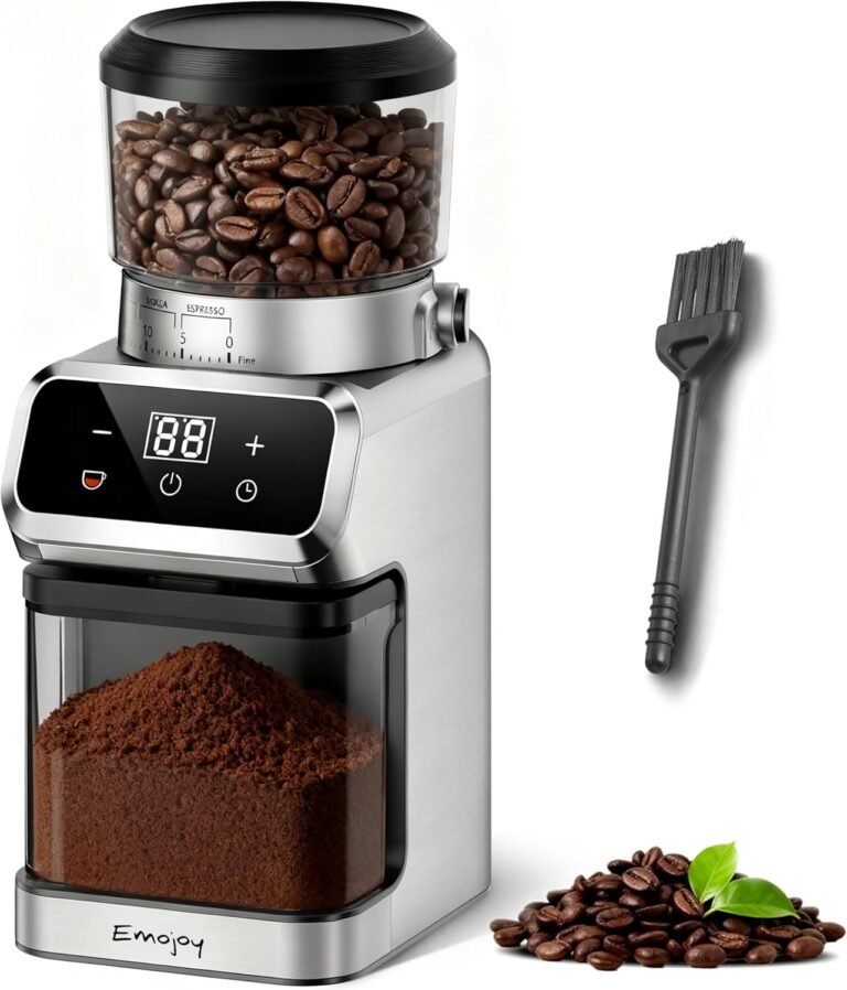Emojoy Coffee Grinder Review: 30 Settings, Stainless Steel Burr, and Touchscreen Control for Home Brewing