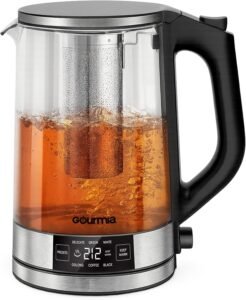 Gourmia Programmable Digital Glass Kettle – 1.7L Adjustable Temperature Electric Kettle with 6 Presets, Keep Warm, Stainless Steel Tea Infuser, 360° Swivel Base, Black