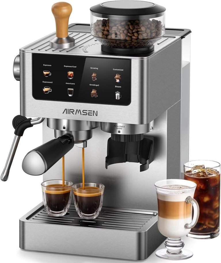 AIRMSEN Espresso Machine Review: 20 Bar Pressure, Conical Burr Grinder, and Milk Frother for Home Baristas