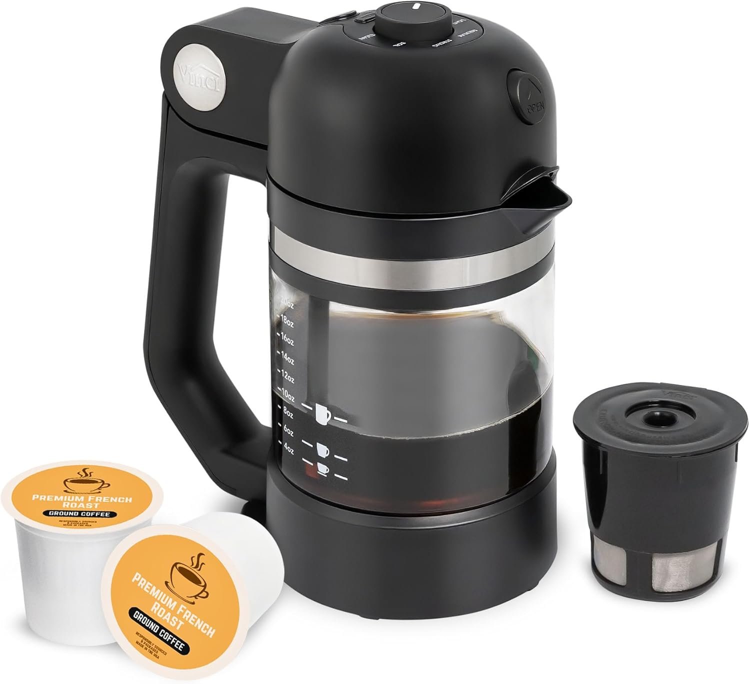 VINCI Micro Café Smallest Single-Serve Coffee Brewer | Compatible with Keurig K-Cups, K-Pods | Glass Carafe | Enclosed Brewing for Hotter Coffee | Large Capacity Reusable Filter Cup Included (Black)