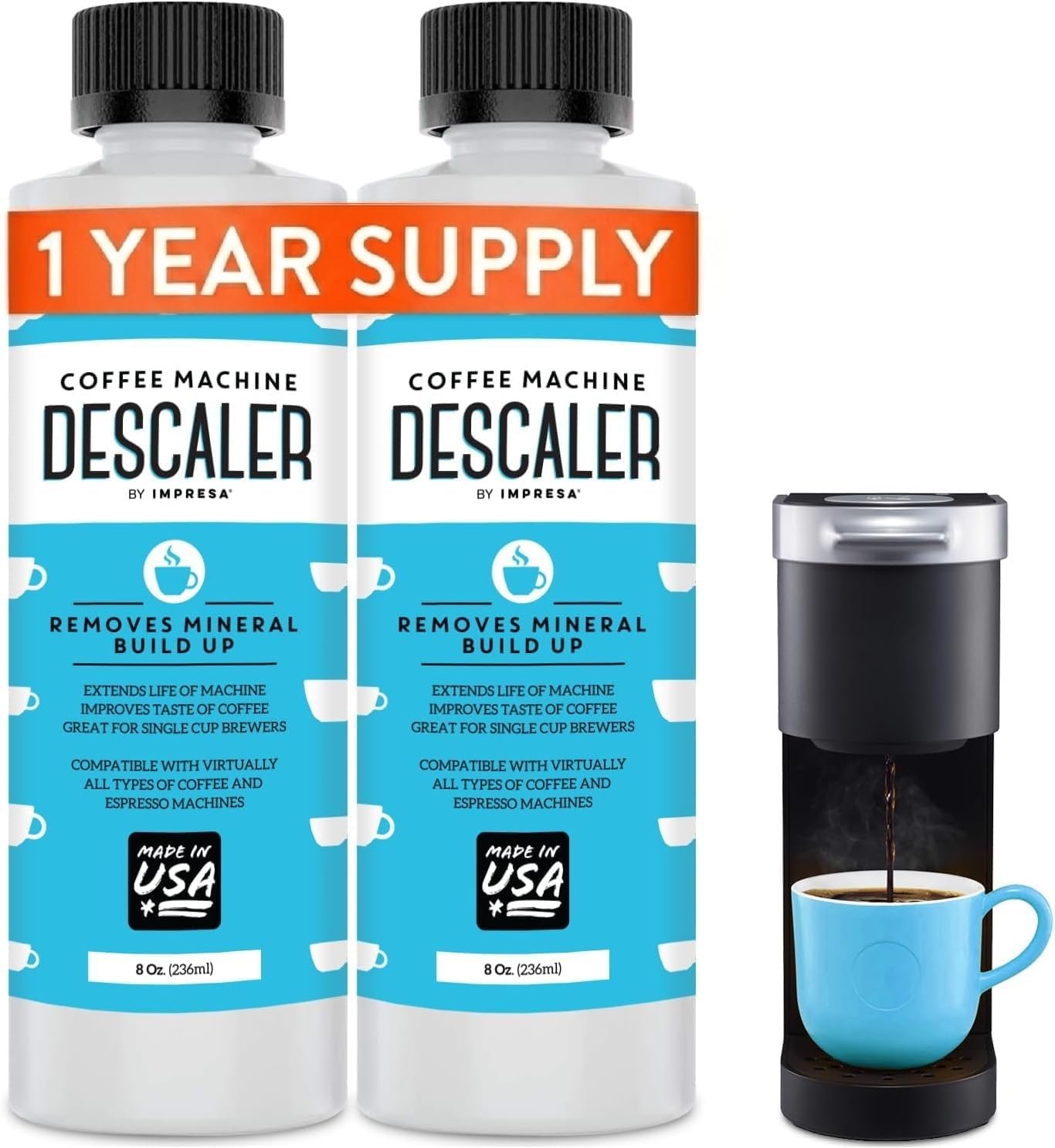 Descaler (2 Pack, 2 Uses Per Bottle) - Made in the USA - Universal Descaling Solution for Keurig, Nespresso, Delonghi and All Single Use Coffee and Espresso Machines