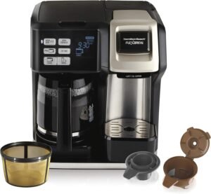 Hamilton Beach FlexBrew Trio 2-Way Coffee Maker, Compatible with K-Cup Pods or Grounds, Single Serve & Full 12c Pot, Permanent Gold-Tone Filter, Black & Silver | Three Brew Options: 12-Cup Carafe or Single-Serve K-Cup or Grounds, Programmable Carafe with Delay and 2-Hr Auto-Off