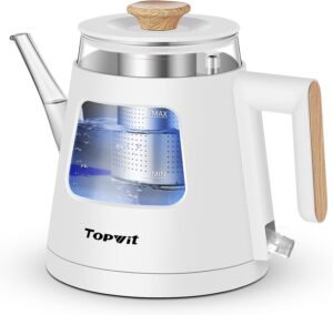 TOPWIT 1L Gooseneck Electric Tea Kettle, Glass Electric Kettle, BPA-free | removable stainless steel tea infuser, visible window, auto-shut off, ideal for pour-over coffee, home & office, white
