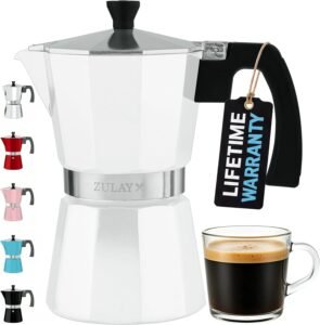 Zulay Moka Pot Espresso Stovetop Coffee Maker - Leak-Proof, Stainless Steel, Easy to Clean, Heat Resistant Handle & Knob - for Authentic Cuban & Italian Style Espresso - Makes 6 Espresso Cups - White