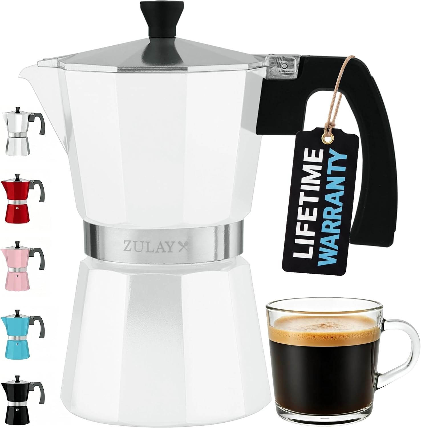 Zulay Moka Pot Espresso Stovetop Coffee Maker - Leak-Proof, Stainless Steel, Easy to Clean, Heat Resistant Handle & Knob - for Authentic Cuban & Italian Style Espresso - Makes 6 Espresso Cups - White