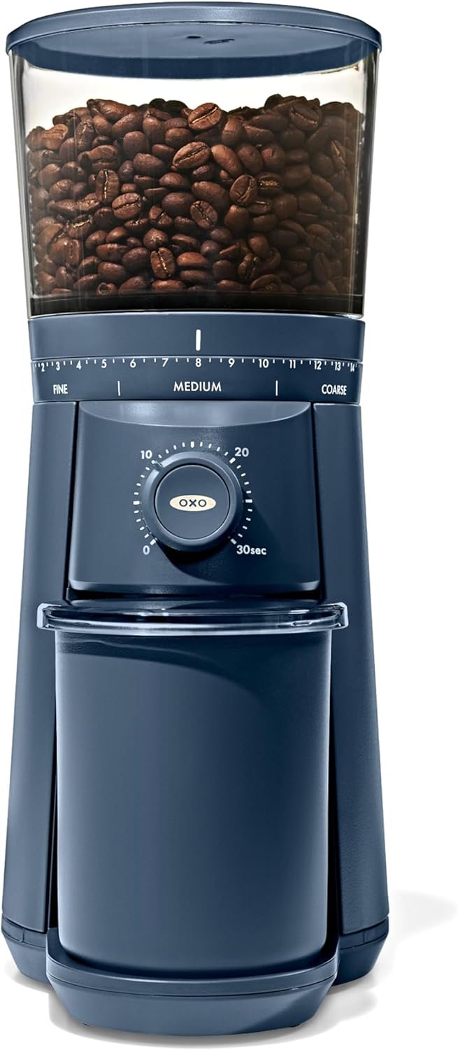 OXO Brew Conical Burr Coffee Grinder - Storm Blue, Stainless Steel Burrs, One-Touch Automatic Smart Grind